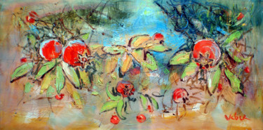 Painting titled "Pomegranates and th…" by Oksana Veber, Original Artwork, Oil Mounted on Wood Stretcher frame