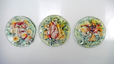 Malerei mit dem Titel "Rose plates- 3 peac…" von Oksana Veber, Original-Kunstwerk, Glas