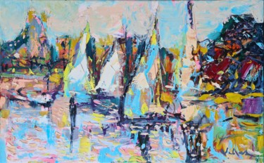 Painting titled "Boat trip" by Oksana Veber, Original Artwork, Oil Mounted on Wood Stretcher frame