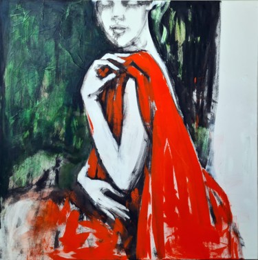 Painting titled "Model in red, seate…" by Oksana Veber, Original Artwork, Acrylic Mounted on Wood Stretcher frame