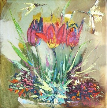 Schilderij getiteld "Flowers" door Oksana Veber, Origineel Kunstwerk, Olie