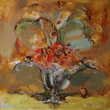 Painting titled "Flowers and fruit" by Oksana Veber, Original Artwork, Oil Mounted on Wood Stretcher frame