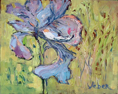 Painting titled "Iris Field" by Oksana Veber, Original Artwork, Oil Mounted on Wood Stretcher frame