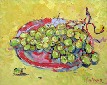 Painting titled "Grapes" by Oksana Veber, Original Artwork, Oil Mounted on Wood Stretcher frame