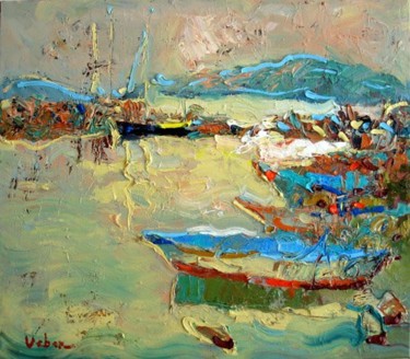 Painting titled "Blue boats at sunset" by Oksana Veber, Original Artwork