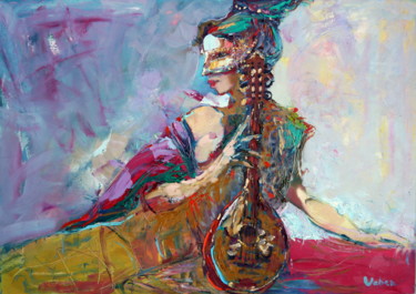 Pintura intitulada "Masked lady musician" por Oksana Veber, Obras de arte originais, Óleo Montado em Armação em madeira