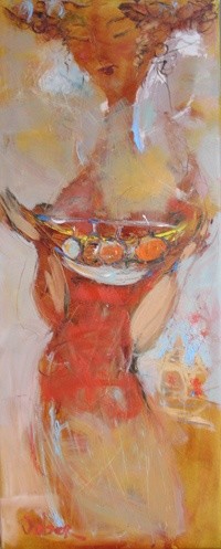 Painting titled "Girl with fruits" by Oksana Veber, Original Artwork, Oil