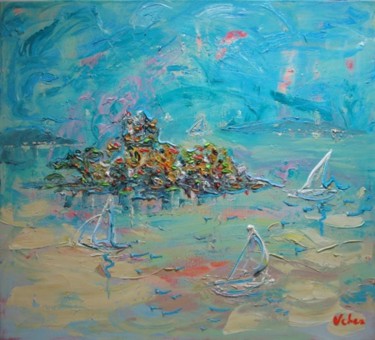 Schilderij getiteld "Adriatic Island" door Oksana Veber, Origineel Kunstwerk, Olie Gemonteerd op Frame voor houten brancard