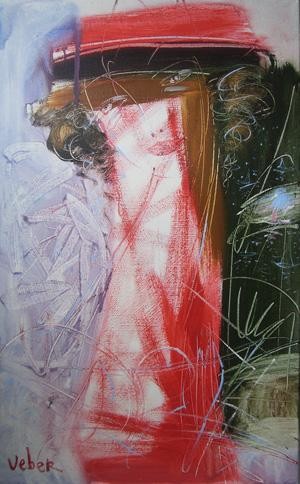 Painting titled "Red Look" by Oksana Veber, Original Artwork, Oil Mounted on Wood Stretcher frame