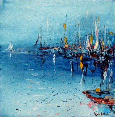 Painting titled "Evening marina" by Oksana Veber, Original Artwork, Oil
