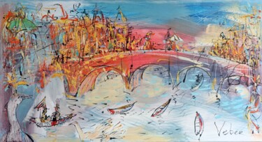 Painting titled "Prague bridges" by Oksana Veber, Original Artwork, Oil Mounted on Wood Stretcher frame