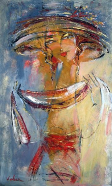 Painting titled "Waitress" by Oksana Veber, Original Artwork, Oil Mounted on Wood Stretcher frame