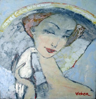 Painting titled "Portrait with a whi…" by Oksana Veber, Original Artwork, Oil Mounted on Wood Stretcher frame