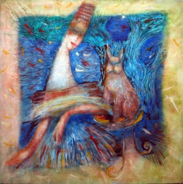 Painting titled "Lady and a Cat" by Oksana Veber, Original Artwork, Acrylic Mounted on Wood Stretcher frame