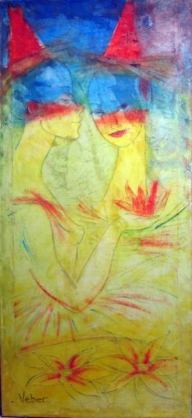 Painting titled "Morning encounter" by Oksana Veber, Original Artwork, Oil Mounted on Wood Stretcher frame