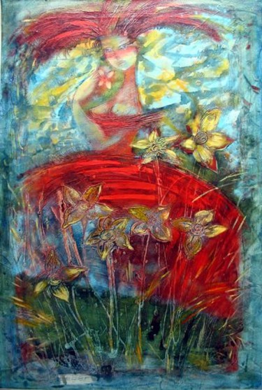 Картина под названием "The girl in red" - Oksana Veber, Подлинное произведение искусства