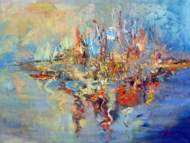 Painting titled "Island" by Oksana Veber, Original Artwork, Oil Mounted on Wood Stretcher frame