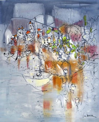 Peinture intitulée "Rain on the island" par Oksana Veber, Œuvre d'art originale, Huile Monté sur Châssis en bois