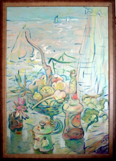 Painting titled "Near the window" by Oksana Veber, Original Artwork, Oil Mounted on Wood Stretcher frame