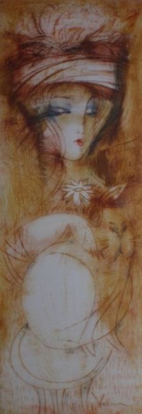 Pittura intitolato "Cat and flowers" da Oksana Veber, Opera d'arte originale, Olio Montato su Cartone