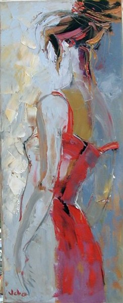 Schilderij getiteld "Lady in red" door Oksana Veber, Origineel Kunstwerk