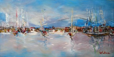 Painting titled "Resting Yachts" by Oksana Veber, Original Artwork, Oil Mounted on Wood Stretcher frame