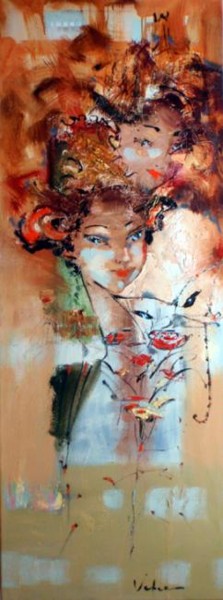 Painting titled "Party time" by Oksana Veber, Original Artwork, Oil Mounted on Wood Stretcher frame