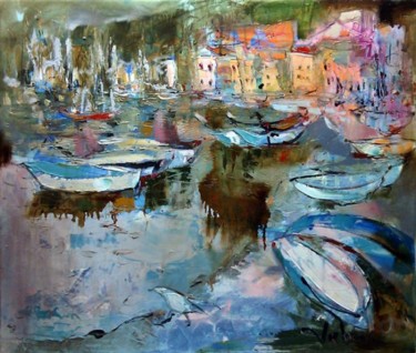 Schilderij getiteld "Fishing boats in Ko…" door Oksana Veber, Origineel Kunstwerk, Olie