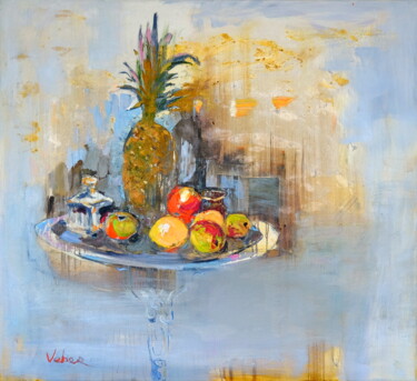 Painting titled "Fruit table" by Oksana Veber, Original Artwork, Oil Mounted on Wood Stretcher frame
