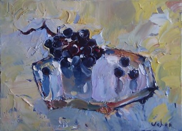 Schilderij getiteld "Black Grapes" door Oksana Veber, Origineel Kunstwerk, Olie Gemonteerd op Frame voor houten brancard