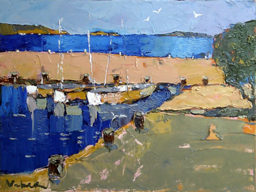 Malerei mit dem Titel "Resting boats" von Oksana Veber, Original-Kunstwerk, Öl Auf Keilrahmen aus Holz montiert