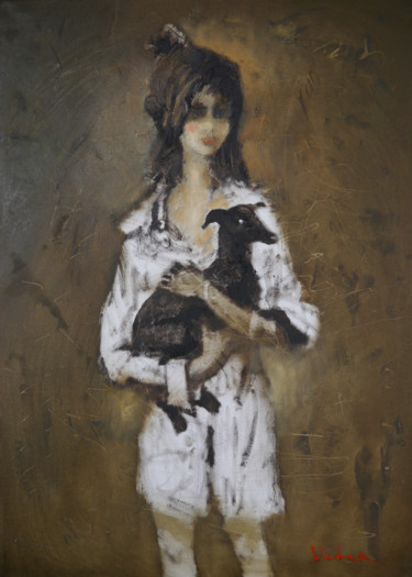 Painting titled "Boyfriend's shirt" by Oksana Veber, Original Artwork, Oil Mounted on Wood Stretcher frame
