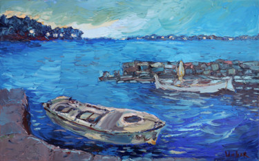 Painting titled "Fishing boats" by Oksana Veber, Original Artwork, Oil Mounted on Wood Stretcher frame