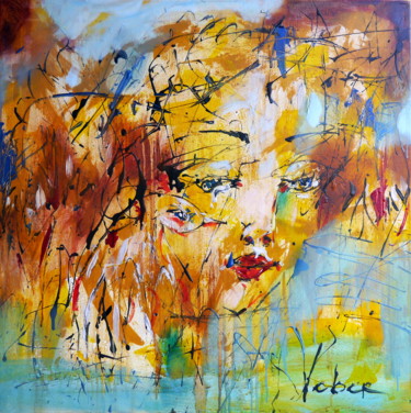 Painting titled "Girl and a bird" by Oksana Veber, Original Artwork, Oil Mounted on Wood Stretcher frame