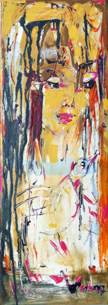Painting titled "Portrait with a bird" by Oksana Veber, Original Artwork, Acrylic Mounted on Wood Stretcher frame