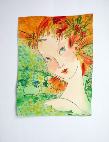 Картина под названием "Portrait in green f…" - Oksana Veber, Подлинное произведение искусства, Акварель Установлен на картон