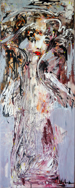 Painting titled "Angel in silver" by Oksana Veber, Original Artwork, Acrylic Mounted on Wood Stretcher frame