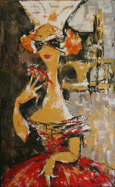 Painting titled "Masked lady promena…" by Oksana Veber, Original Artwork, Oil Mounted on Wood Stretcher frame