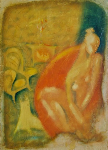 Painting titled "Fireplace" by Oksana Veber, Original Artwork, Oil Mounted on Cardboard