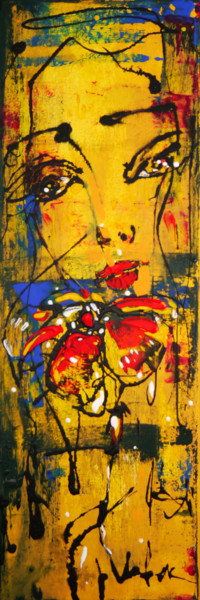 Painting titled "Portrait with a pop…" by Oksana Veber, Original Artwork, Acrylic Mounted on Wood Stretcher frame