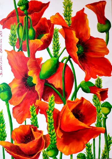 Painting titled "POPPIES" by Oksana Zaskotska, Original Artwork, Oil Mounted on Wood Stretcher frame