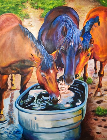 Peinture intitulée "Watering and horses" par Oksana Zaskotska, Œuvre d'art originale, Huile
