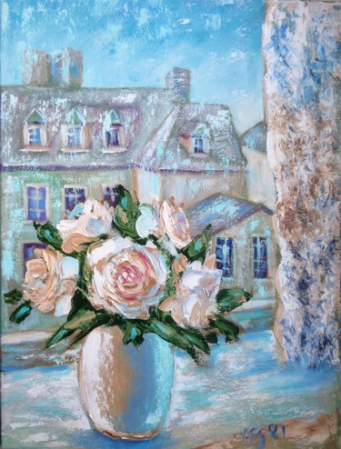 Malerei mit dem Titel "Roses on the window" von Oksana Zolotova, Original-Kunstwerk, Öl