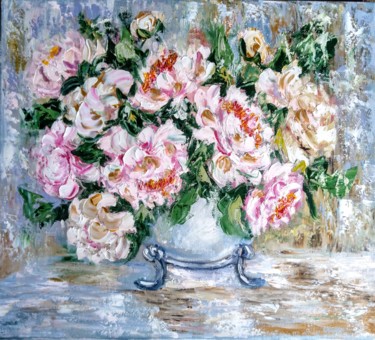 Painting titled "White peonies" by Oksana Zolotova, Original Artwork, Oil Mounted on Wood Stretcher frame