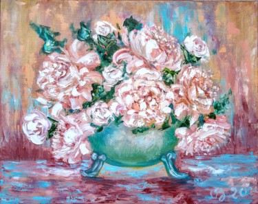Painting titled "Peonies in a green…" by Oksana Zolotova, Original Artwork, Oil Mounted on Wood Stretcher frame