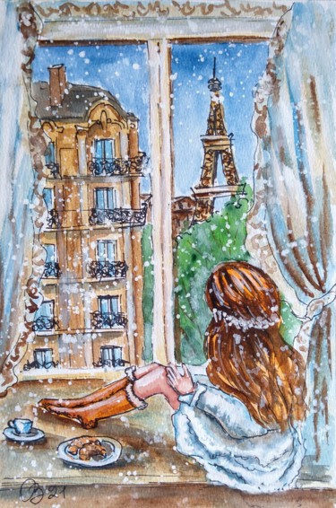 Malerei mit dem Titel "Paris. Dreaming by…" von Oksana Zolotova, Original-Kunstwerk, Aquarell