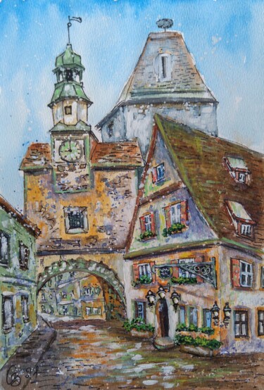 Malerei mit dem Titel "Urban landscape. Ro…" von Oksana Zolotova, Original-Kunstwerk, Aquarell