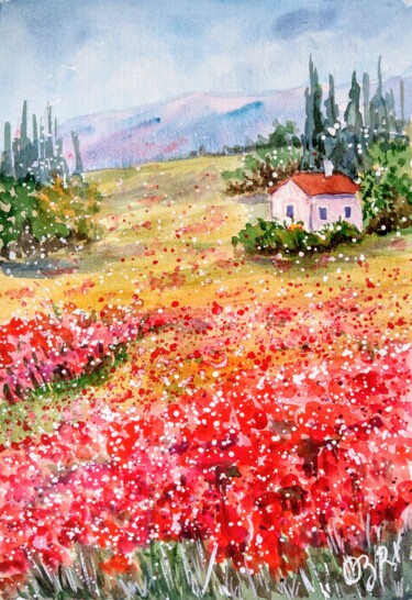Malerei mit dem Titel "Landscape. Poppy fi…" von Oksana Zolotova, Original-Kunstwerk, Aquarell