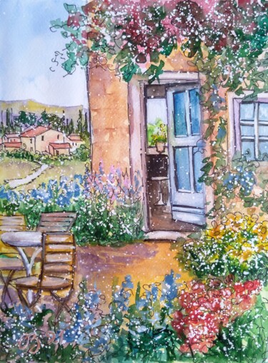 Peinture intitulée "Summer landscape wi…" par Oksana Zolotova, Œuvre d'art originale, Aquarelle