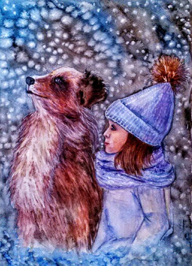 Painting titled "A girl and a puppy" by Oksana Zolotova, Original Artwork, Watercolor